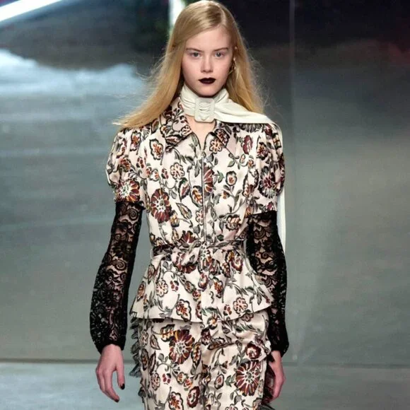 Rodarte White and Burgundy Floral Print Silk Charmeuse Blouse with Collar | FW16 - Picture 2 of 16